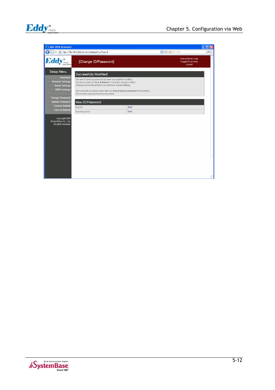 Figure 5-8, After changing the password -12 | Solvline Eddy Series Ver 2.1a User Manual | Page 72 / 89