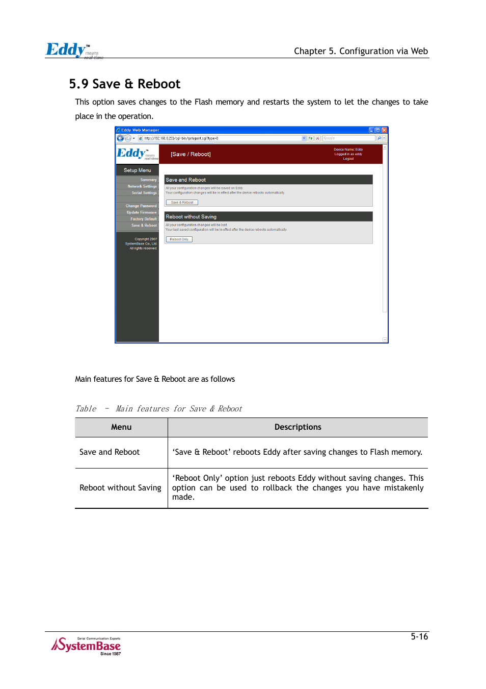 9 save & reboot, 9 save & reboot -16, Figure 5-13 | Table 5-6, Main features for save & reboot -16 | Solvline Eddy Series Ver 2.1a User Manual | Page 76 / 89