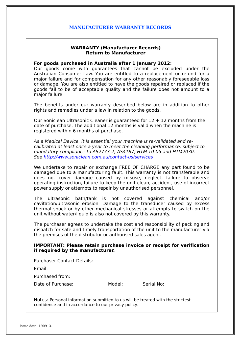 Soniclean Digital Benchtop Ultrasonic Cleaners User Manual | Page 11 / 12