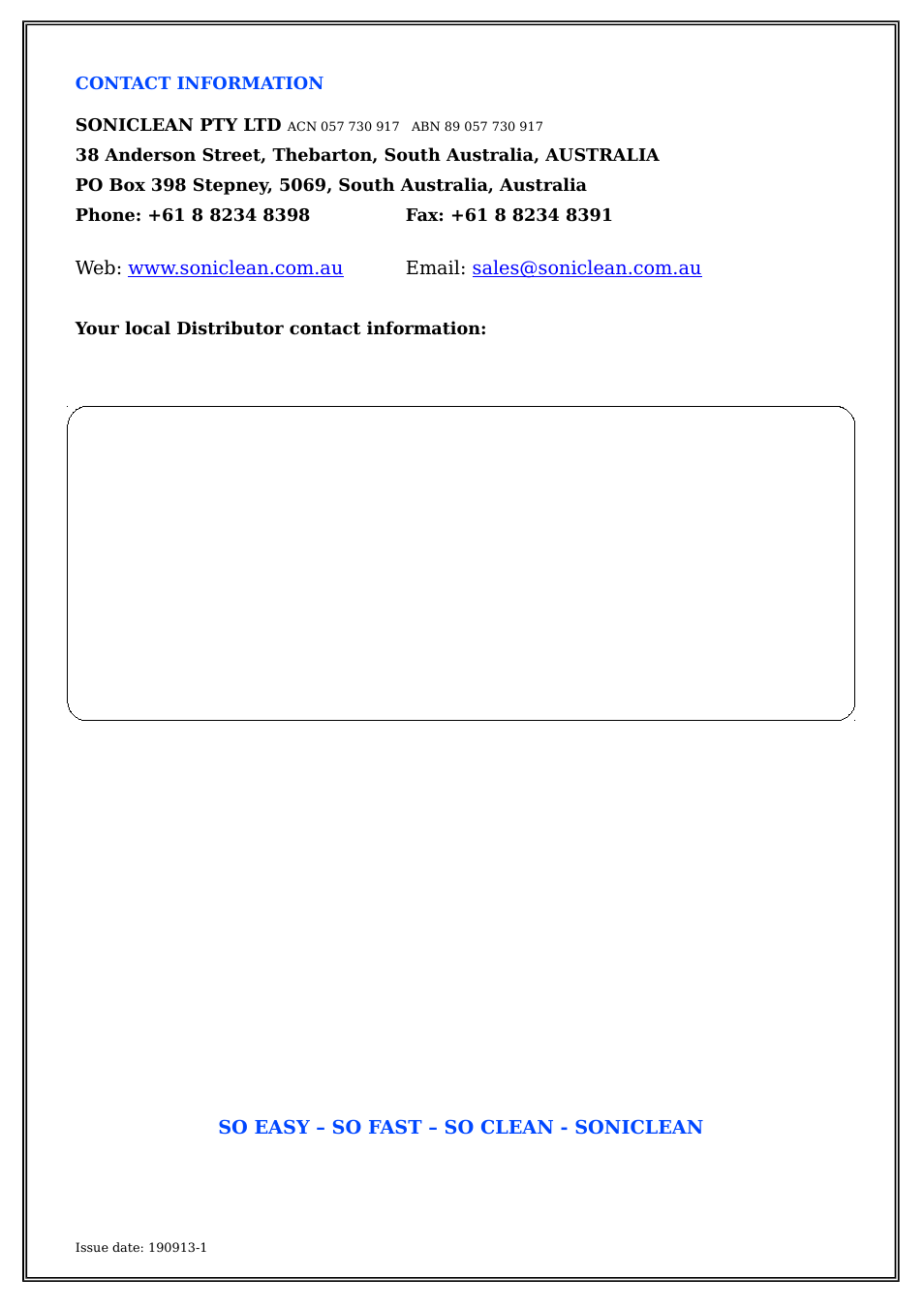 Phone: +61 8 8234 8398 fax: +61 8 8234 8391 | Soniclean Digital Benchtop Ultrasonic Cleaners User Manual | Page 12 / 12