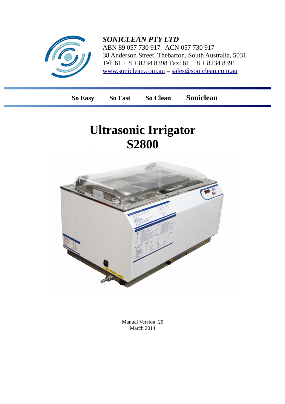 Soniclean S2800 User Manual | 30 pages