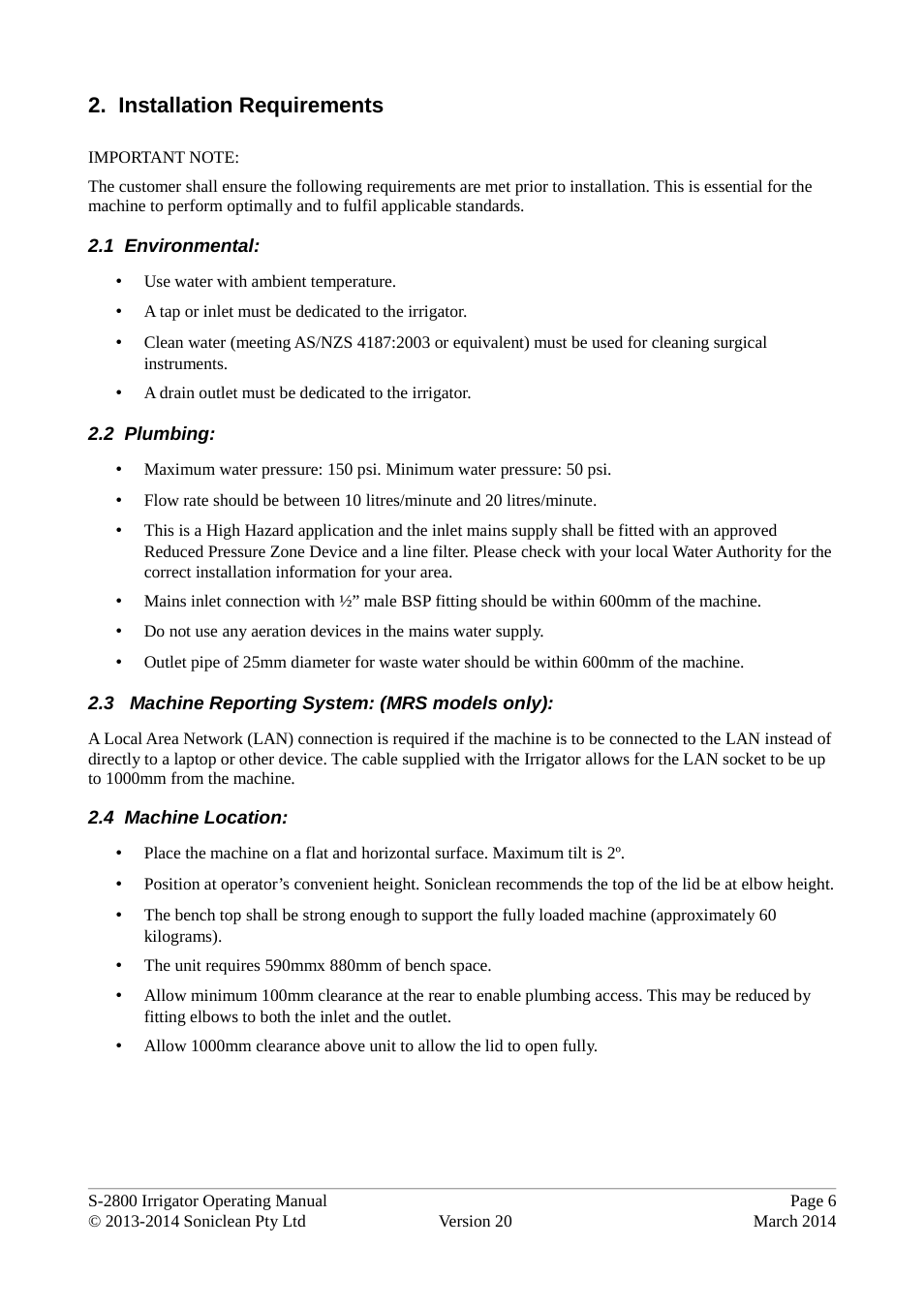 Installation requirements | Soniclean S2800 User Manual | Page 10 / 30