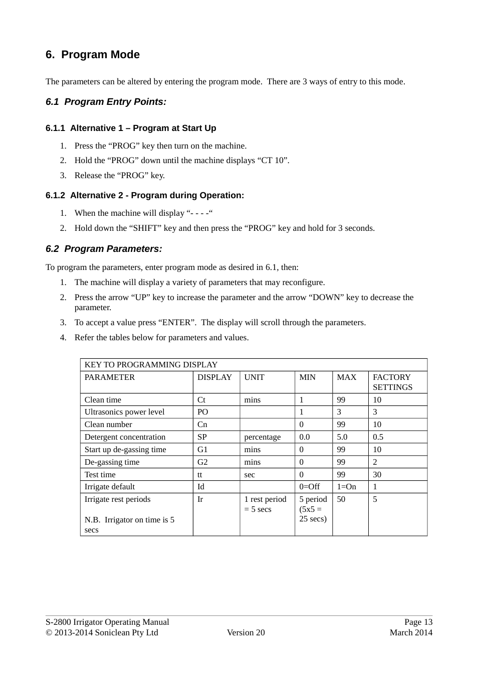 Program mode, 1 program entry points: 6.2 program parameters | Soniclean S2800 User Manual | Page 17 / 30