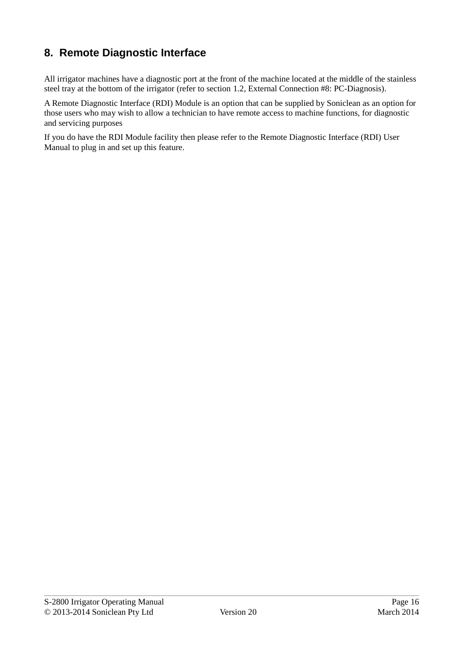 Remote diagnostic interface | Soniclean S2800 User Manual | Page 20 / 30