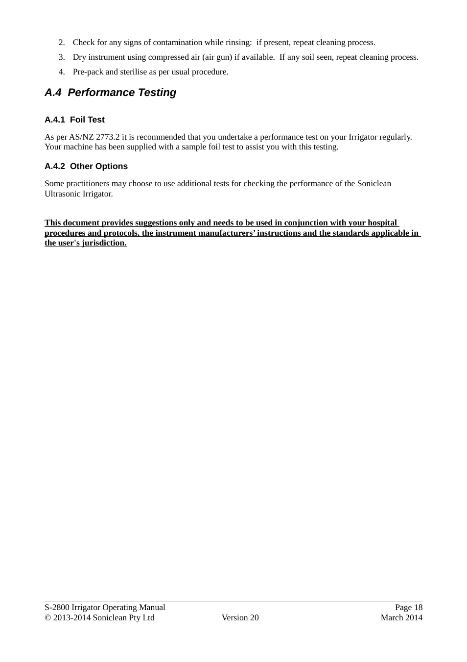 A.4 performance testing | Soniclean S2800 User Manual | Page 22 / 30