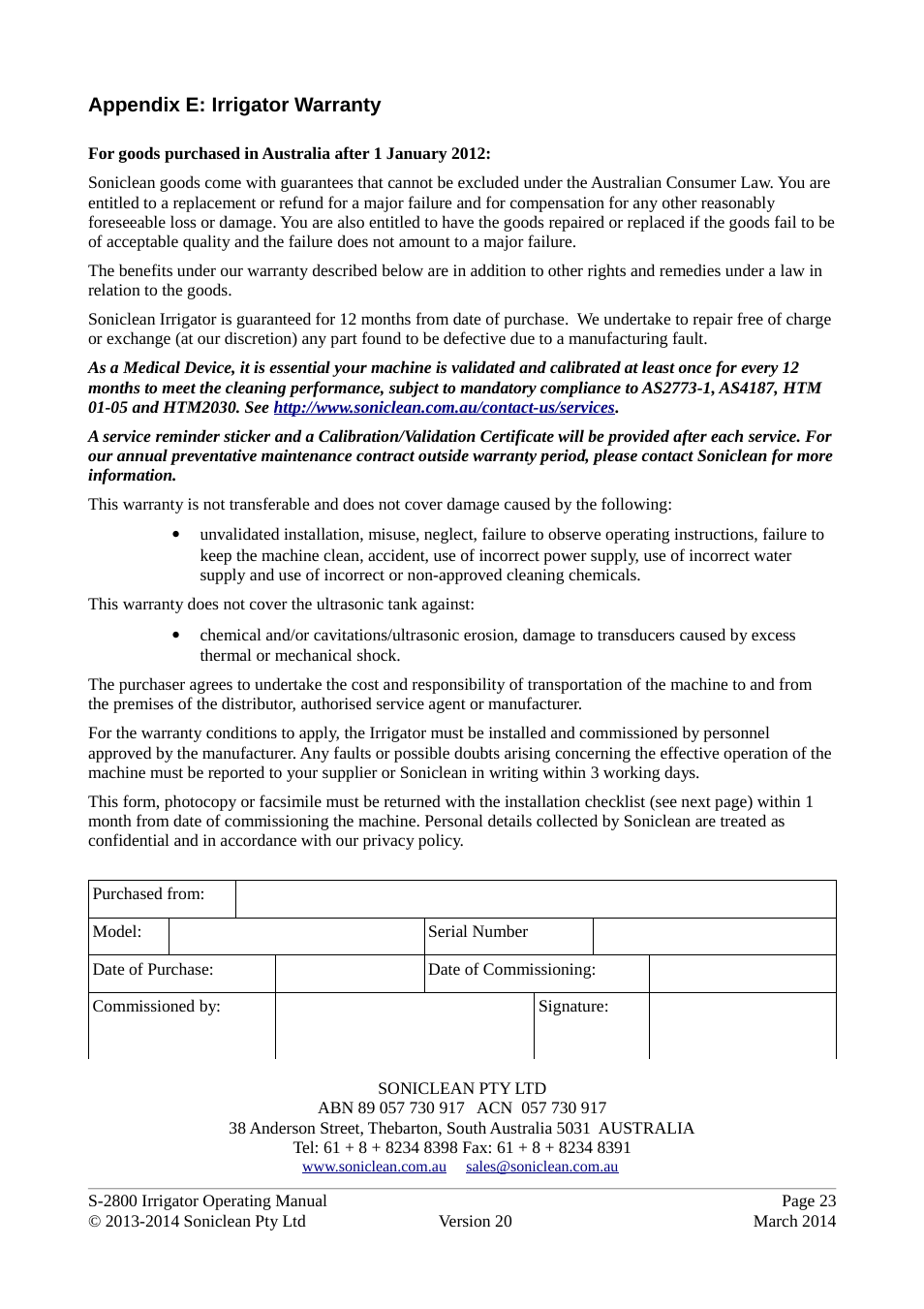 Appendix e: irrigator warranty | Soniclean S2800 User Manual | Page 27 / 30