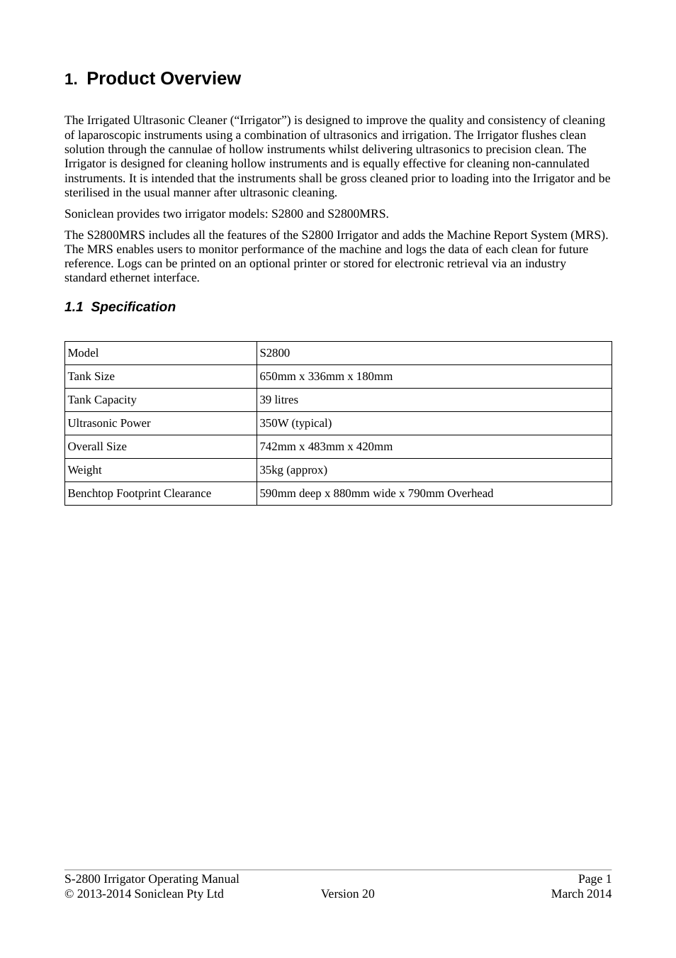 Product overview, 1 specification | Soniclean S2800 User Manual | Page 5 / 30