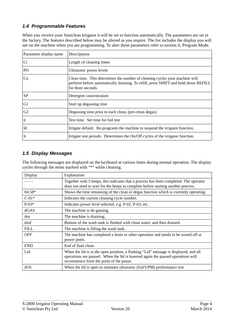4 programmable features 1.5 display messages | Soniclean S2800 User Manual | Page 8 / 30