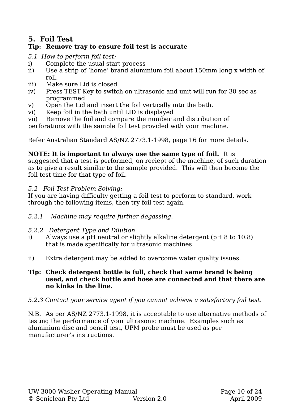 Foil test, 1 how to perform foil test, 2 foil test problem solving | 1 machine may require further degassing, 2 detergent type and dilution | Soniclean UW3000 User Manual | Page 10 / 24
