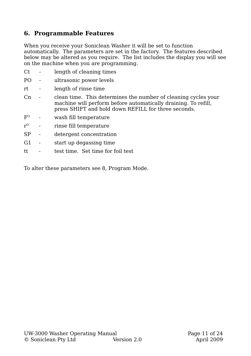 Programmable features | Soniclean UW3000 User Manual | Page 11 / 24