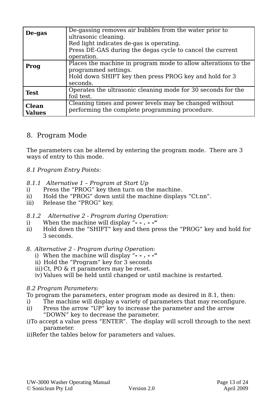 Program mode, 1 program entry points, 1 alternative 1 – program at start up | 2 alternative 2 - program during operation, 2 program parameters | Soniclean UW3000 User Manual | Page 13 / 24