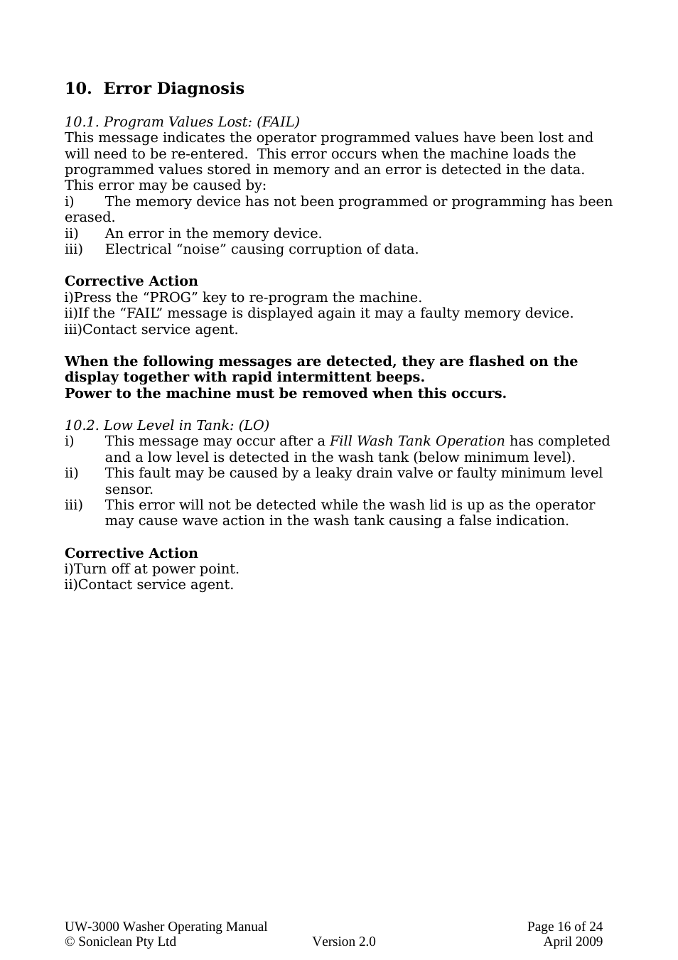 Error diagnosis, Program values lost: (fail), Low level in tank: (lo) | Soniclean UW3000 User Manual | Page 16 / 24