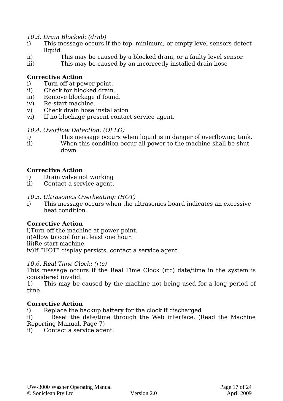 Drain blocked: (drnb), Overflow detection: (oflo), Ultrasonics overheating: (hot) | Real time clock: (rtc) | Soniclean UW3000 User Manual | Page 17 / 24