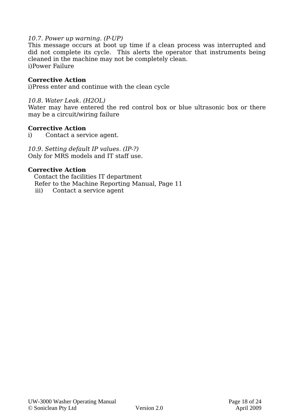 Power up warning. (p-up), Water leak. (h2ol), Setting default ip values. (ip-?) | Soniclean UW3000 User Manual | Page 18 / 24