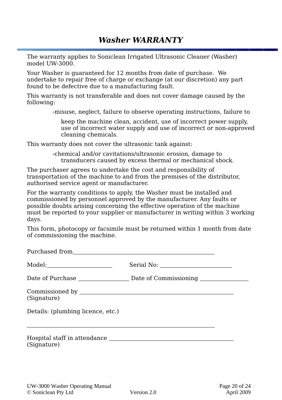 Washer warranty | Soniclean UW3000 User Manual | Page 20 / 24