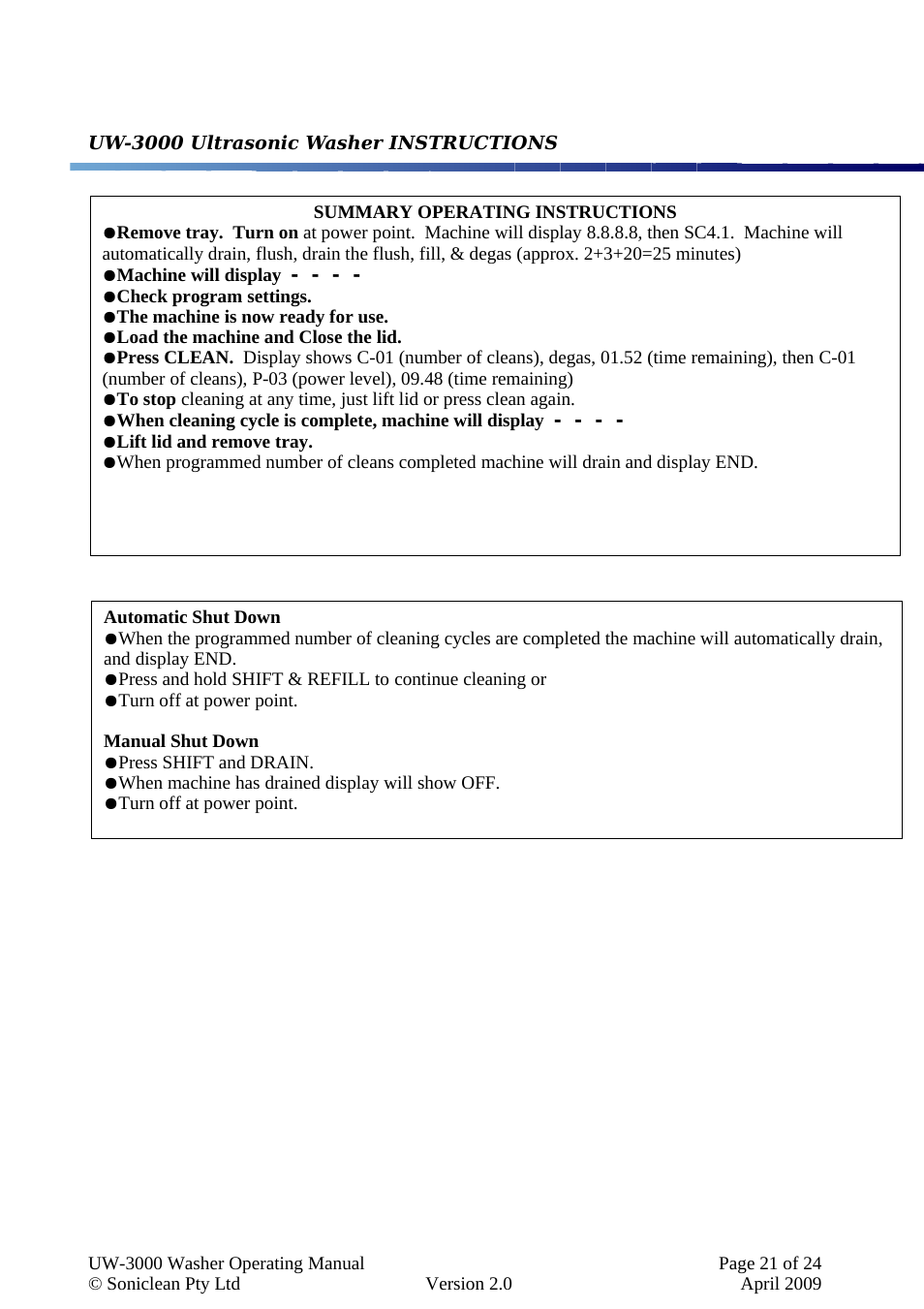 Soniclean UW3000 User Manual | Page 21 / 24
