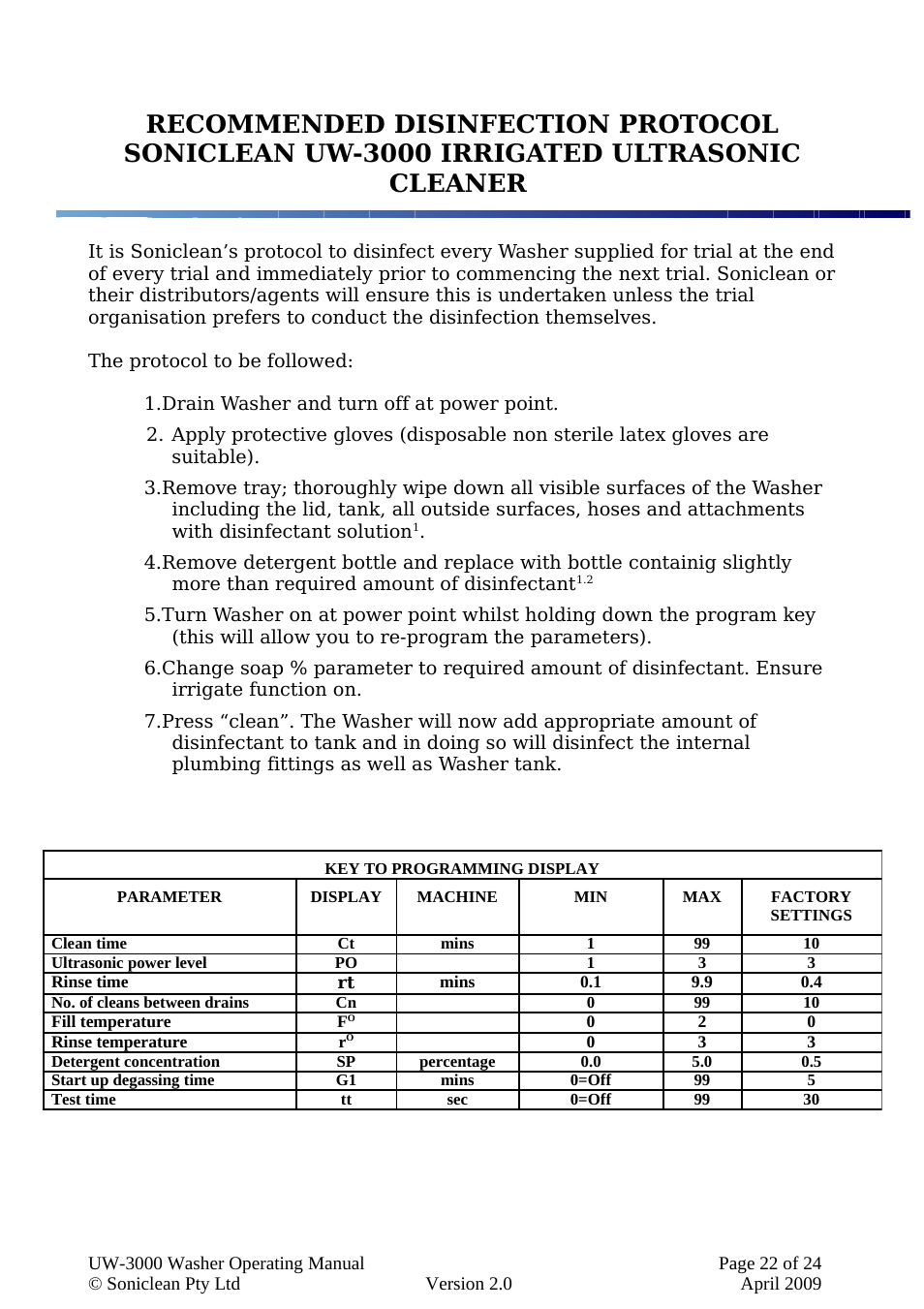 Recommended disinfection protocol | Soniclean UW3000 User Manual | Page 22 / 24