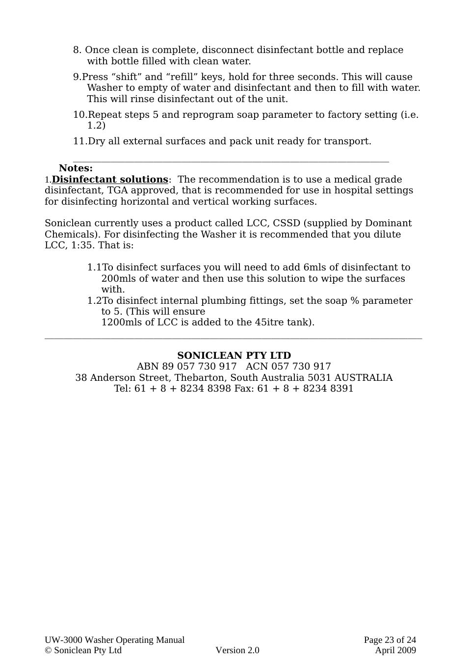 Soniclean UW3000 User Manual | Page 23 / 24