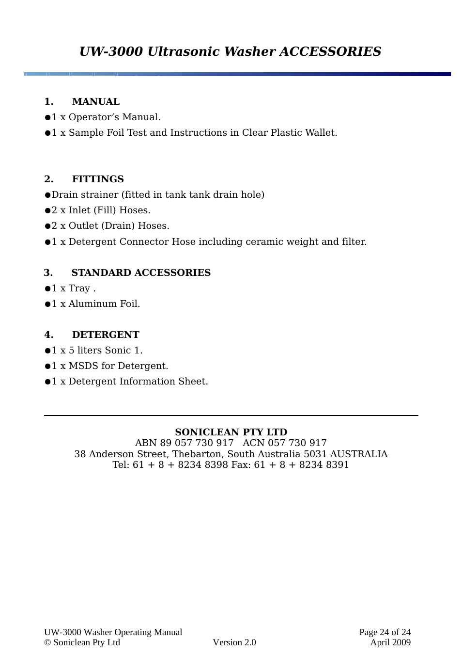 Uw-3000 ultrasonic washer accessories | Soniclean UW3000 User Manual | Page 24 / 24