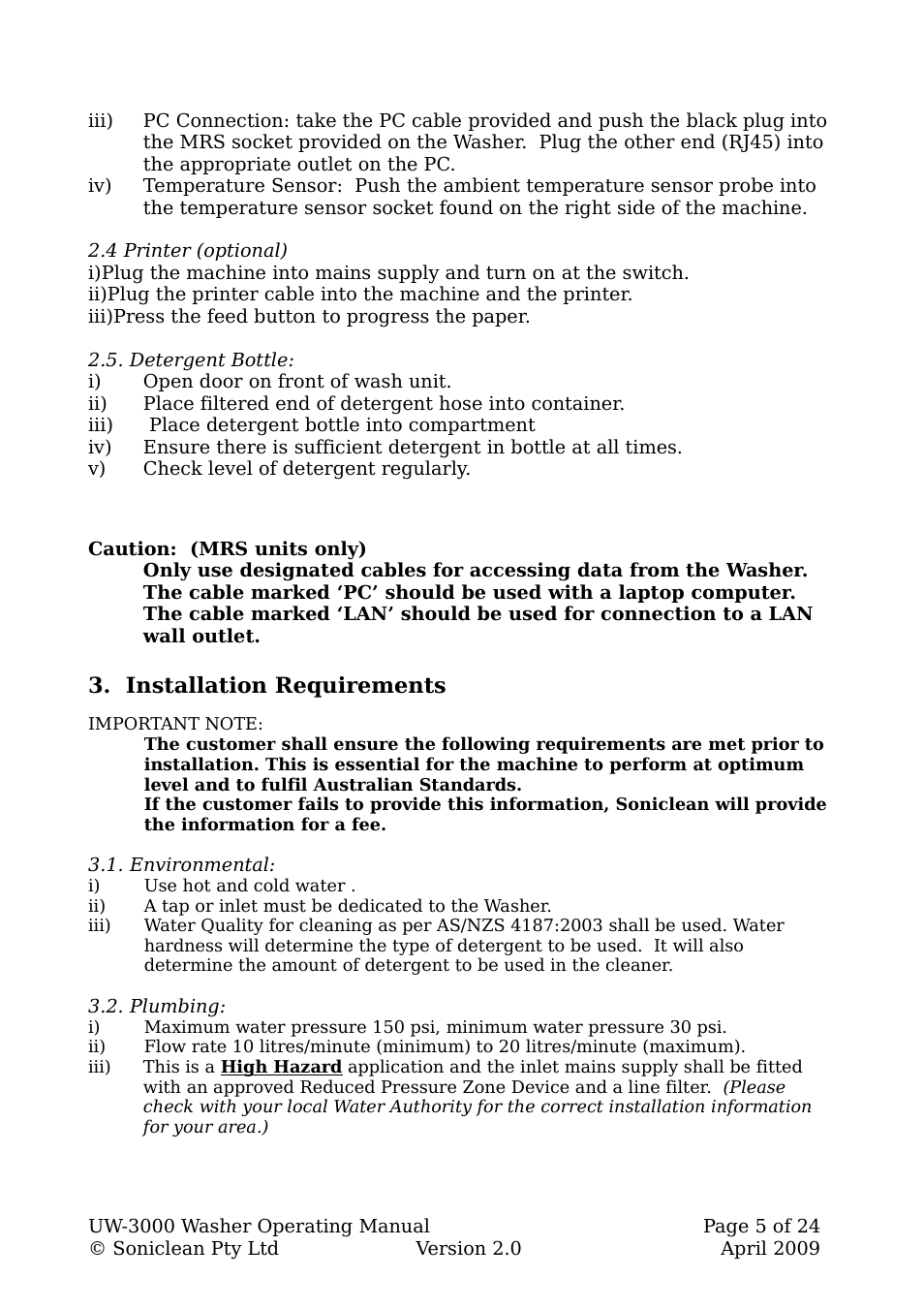 4 printer (optional), Detergent bottle, Installation requirements | Environmental, Plumbing | Soniclean UW3000 User Manual | Page 5 / 24