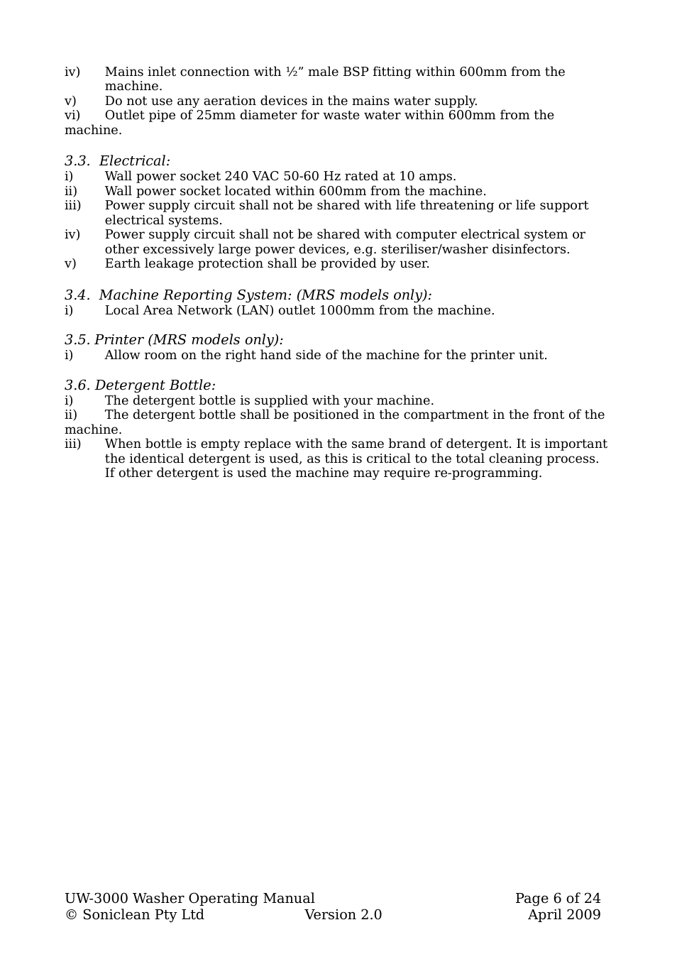 Electrical, Machine reporting system: (mrs models only), Printer (mrs models only) | Detergent bottle | Soniclean UW3000 User Manual | Page 6 / 24