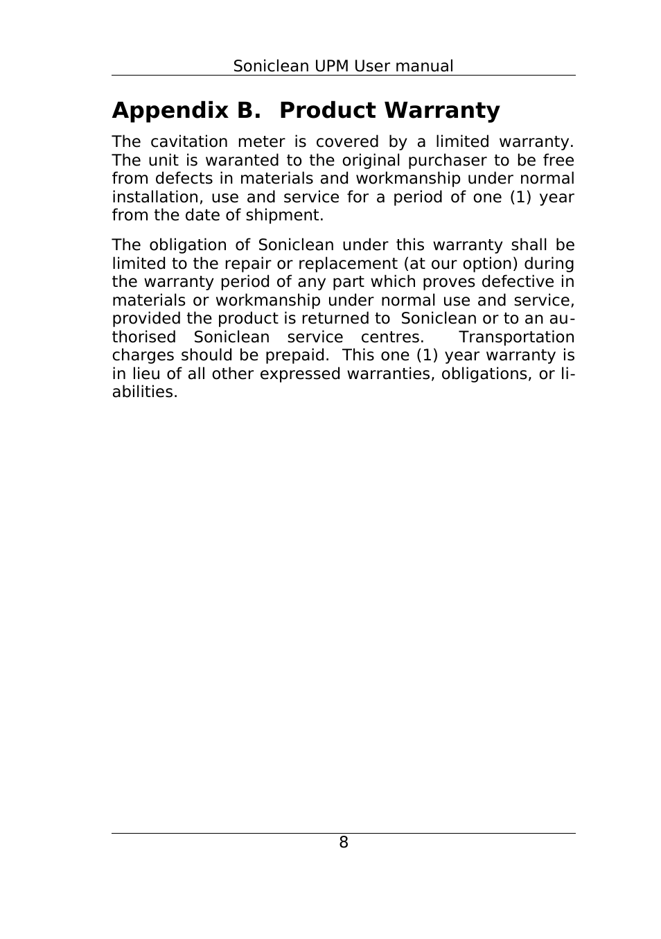 Appendix b. product warranty | Soniclean SONIC-250 User Manual | Page 11 / 14