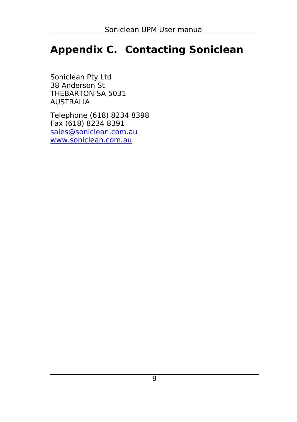 Appendix c. contacting soniclean | Soniclean SONIC-250 User Manual | Page 12 / 14