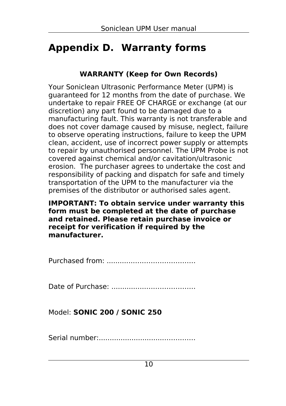 Appendix d. warranty forms | Soniclean SONIC-250 User Manual | Page 13 / 14