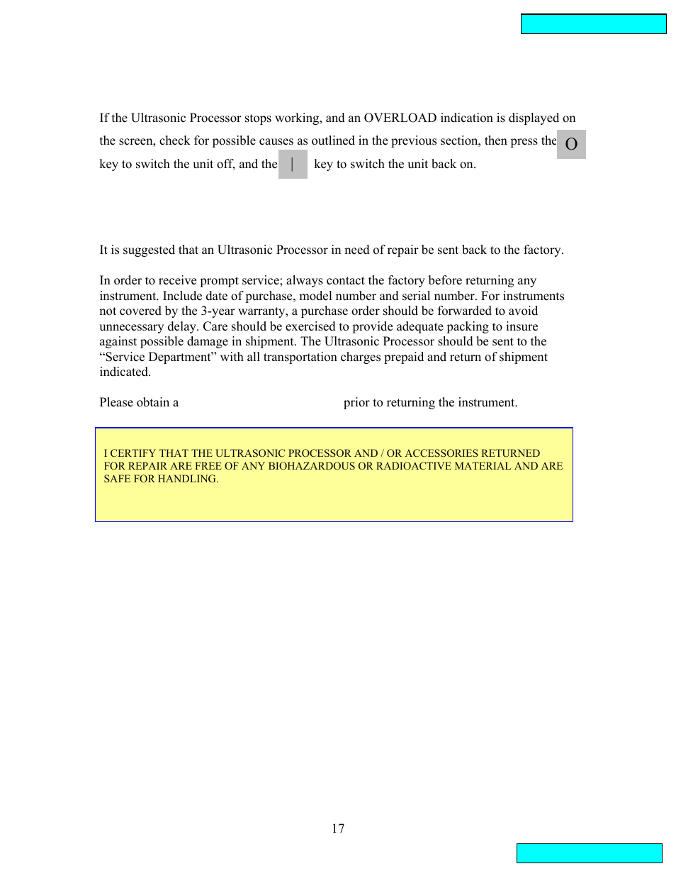 Overload condition, Return of equipment, Overload condition return of equipment | Sonics VCX134 User Manual | Page 17 / 23