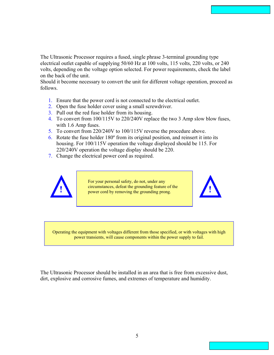 Electrical requirements, Installing the ultrasonic processor | Sonics VCX134 User Manual | Page 5 / 23