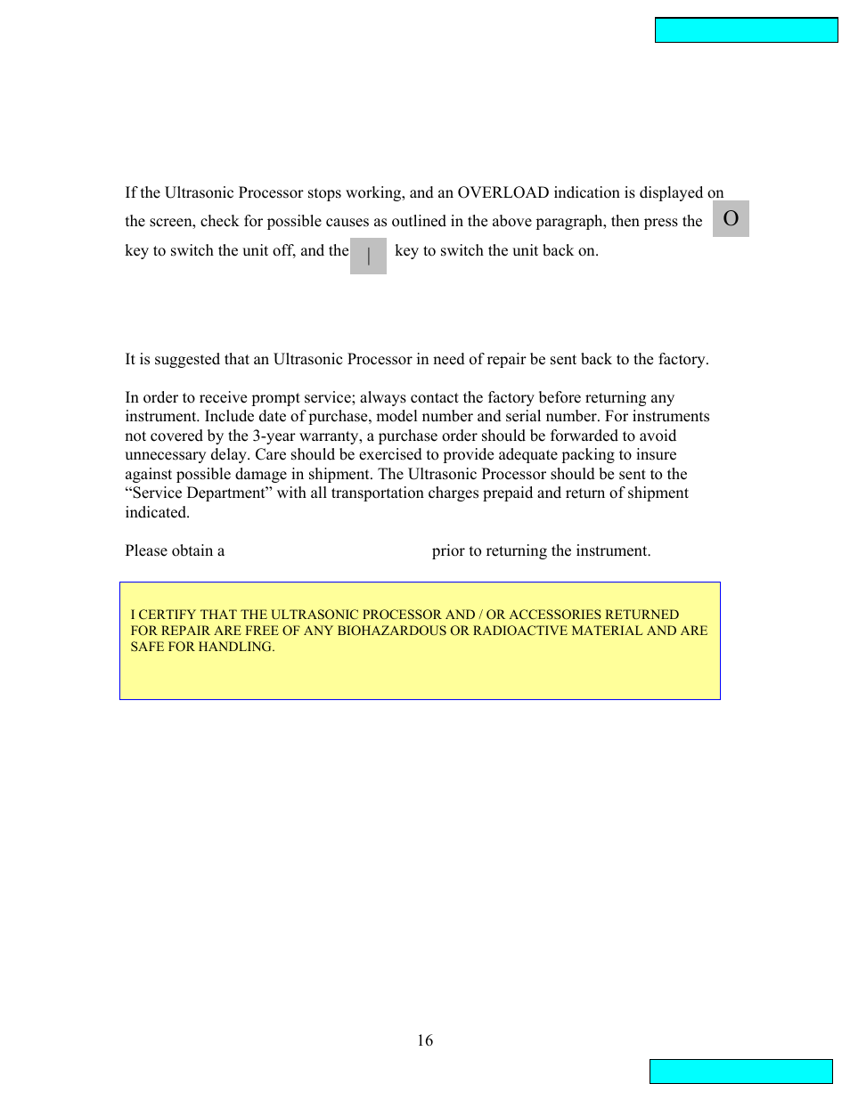 Overload condition, Return of equipment, Overload condition return of equipment | Sonics VCX134PB User Manual | Page 16 / 22