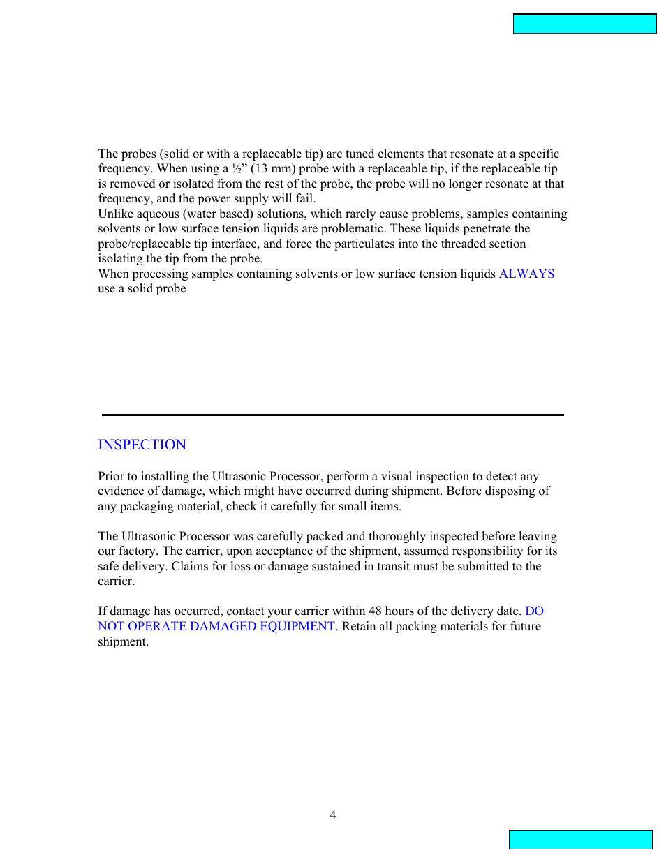 Low surface tension liquids - organic solvents, Section 1 – installation, Inspection | Caution | Sonics VCX134PB User Manual | Page 4 / 22