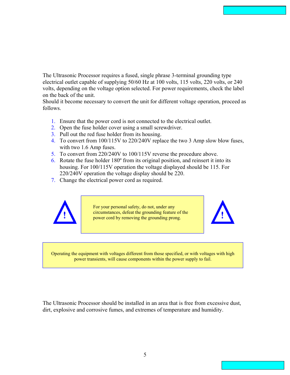 Electrical requirements, Installing the ultrasonic processor | Sonics VCX134PB User Manual | Page 5 / 22