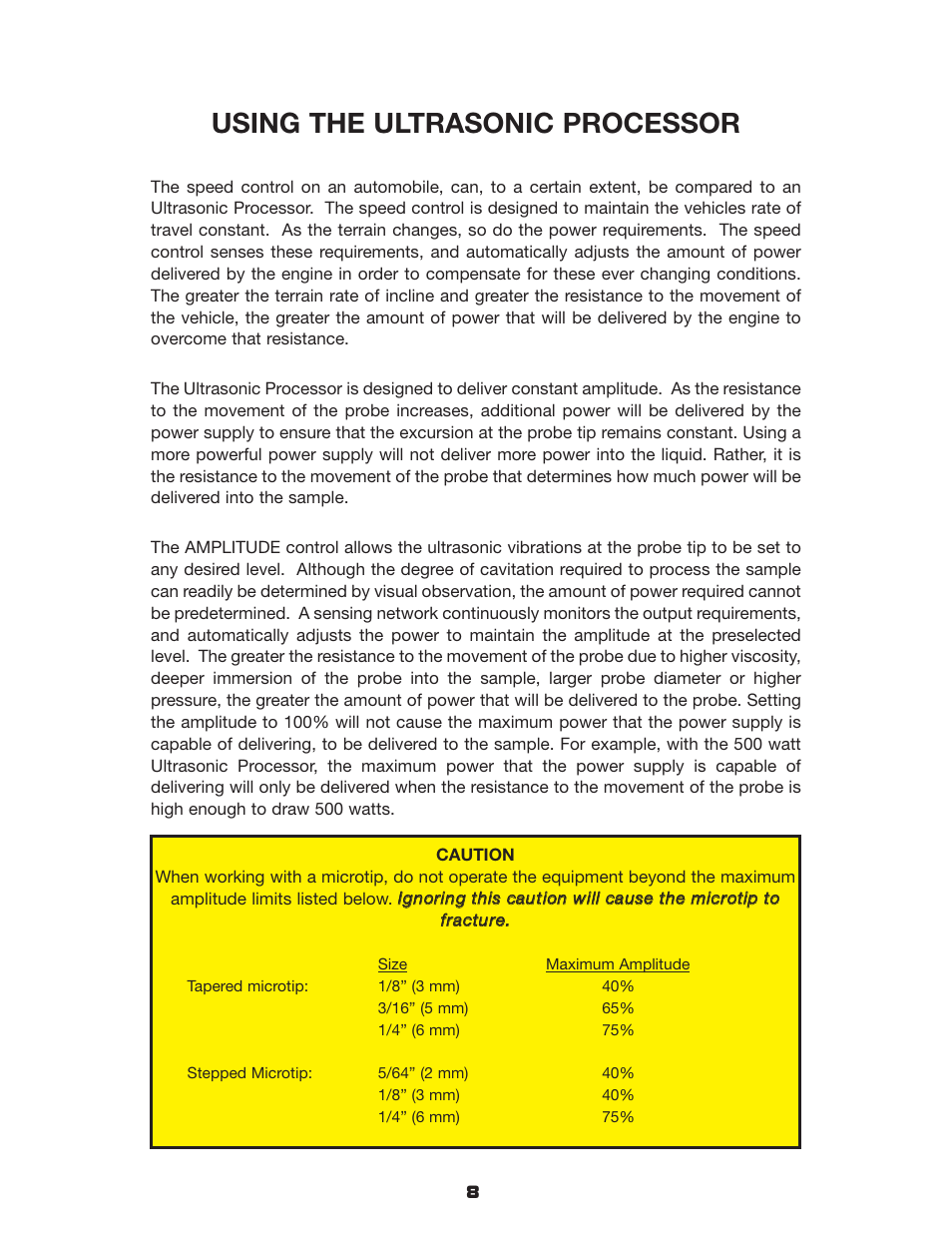 Using the ultrasonic processor | Sonics VC750 User Manual | Page 13 / 33