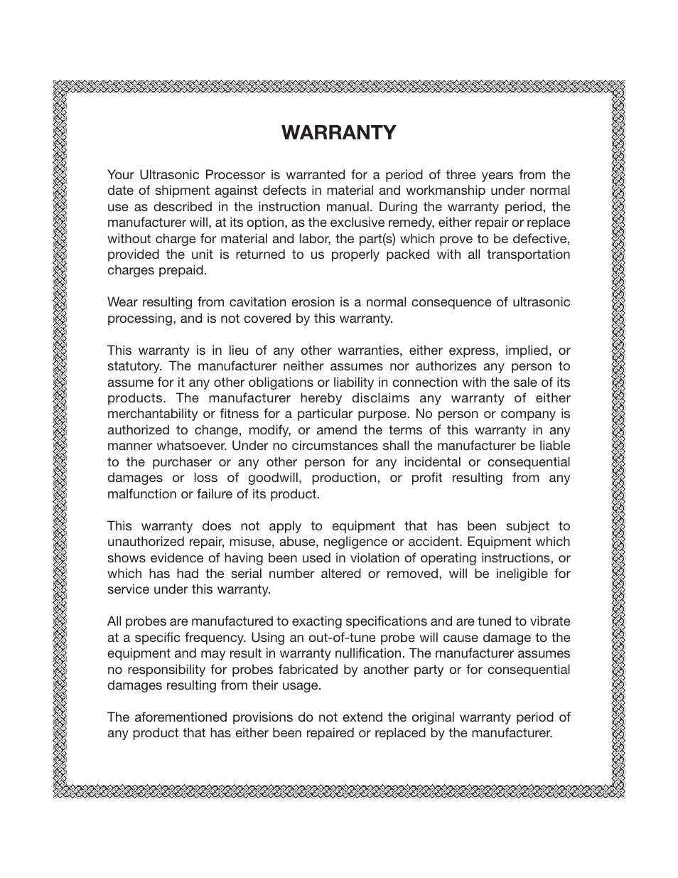 Warranty | Sonics VC750 User Manual | Page 2 / 33