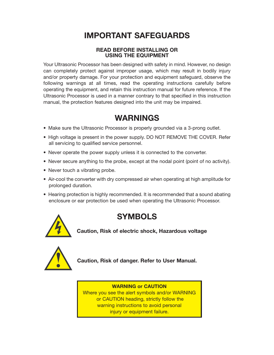 Important safeguards, Warnings, Symbols | Sonics VC750 User Manual | Page 3 / 33