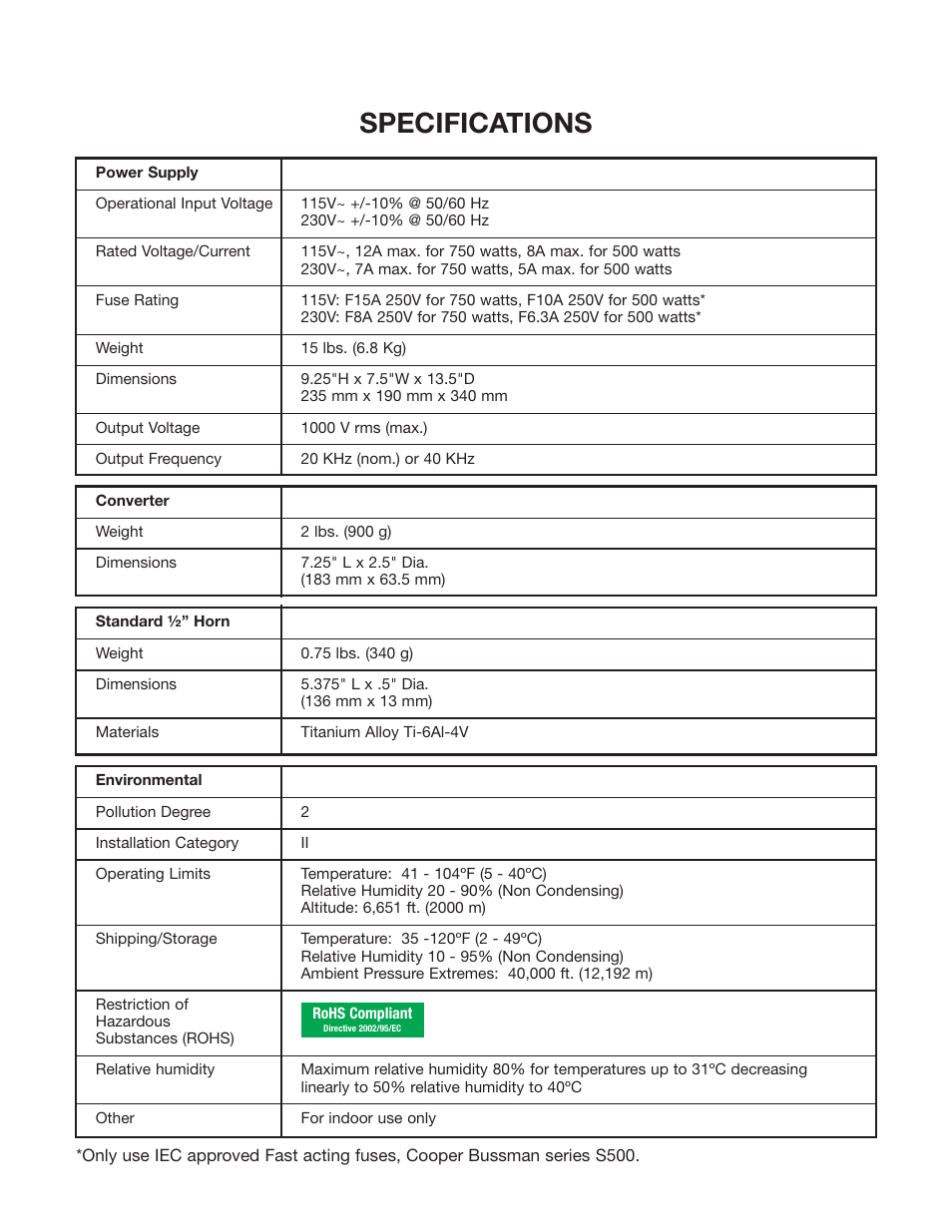 Specifications | Sonics VC750 User Manual | Page 4 / 33