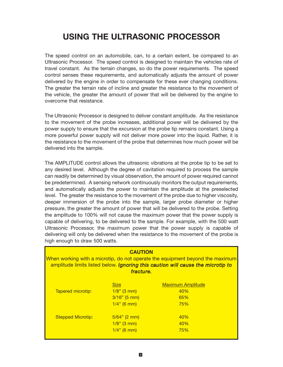 Using the ultrasonic processor | Sonics VCX750 User Manual | Page 13 / 31