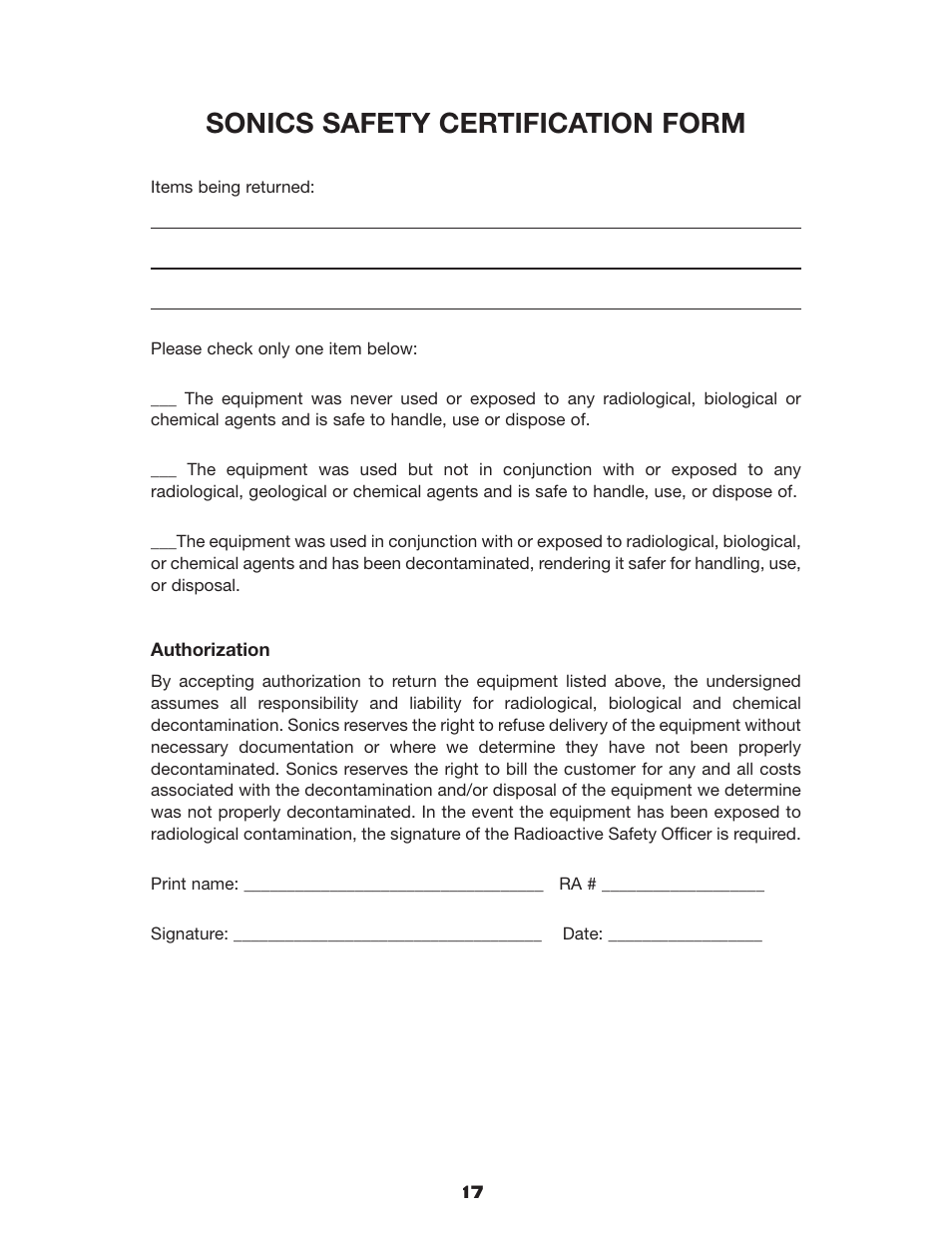 Sonics safety certification form | Sonics VCX750 User Manual | Page 22 / 31