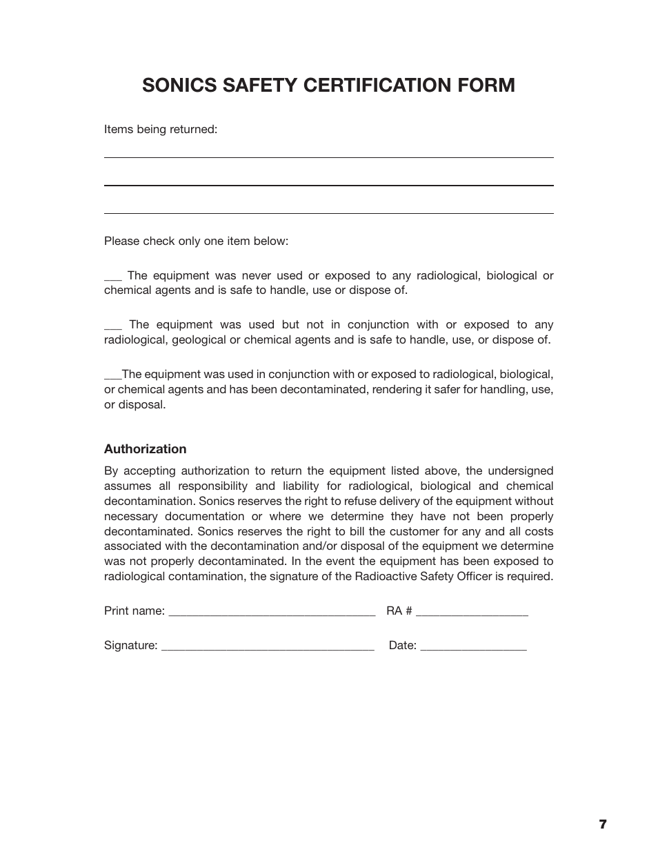 Sonics safety certification form | Sonics VC5040PB User Manual | Page 10 / 19