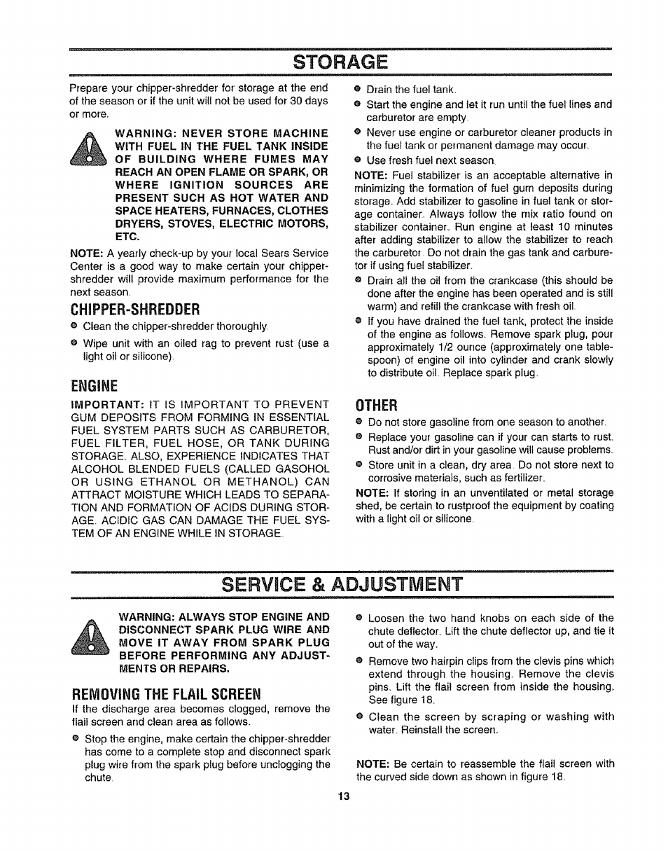 Chipper-shredder, Enoihe, Other | Removing the flail screen, Storage, Service & adjustment | Craftsman 247.797855 User Manual | Page 13 / 22