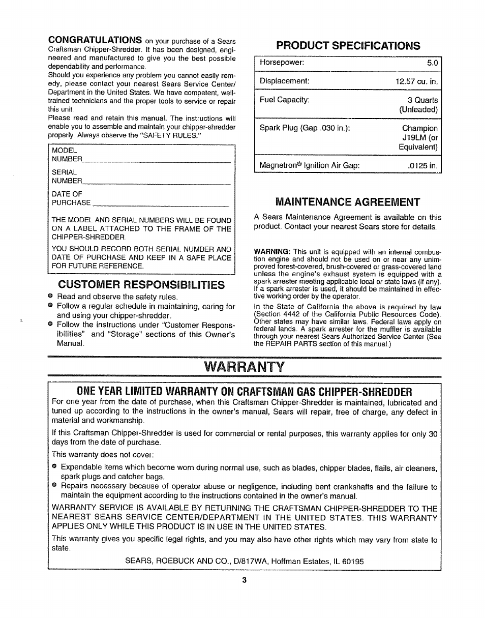 Product specifications, Customer responsibilities, Maintenance agreement | Warranty | Craftsman 247.797855 User Manual | Page 3 / 22