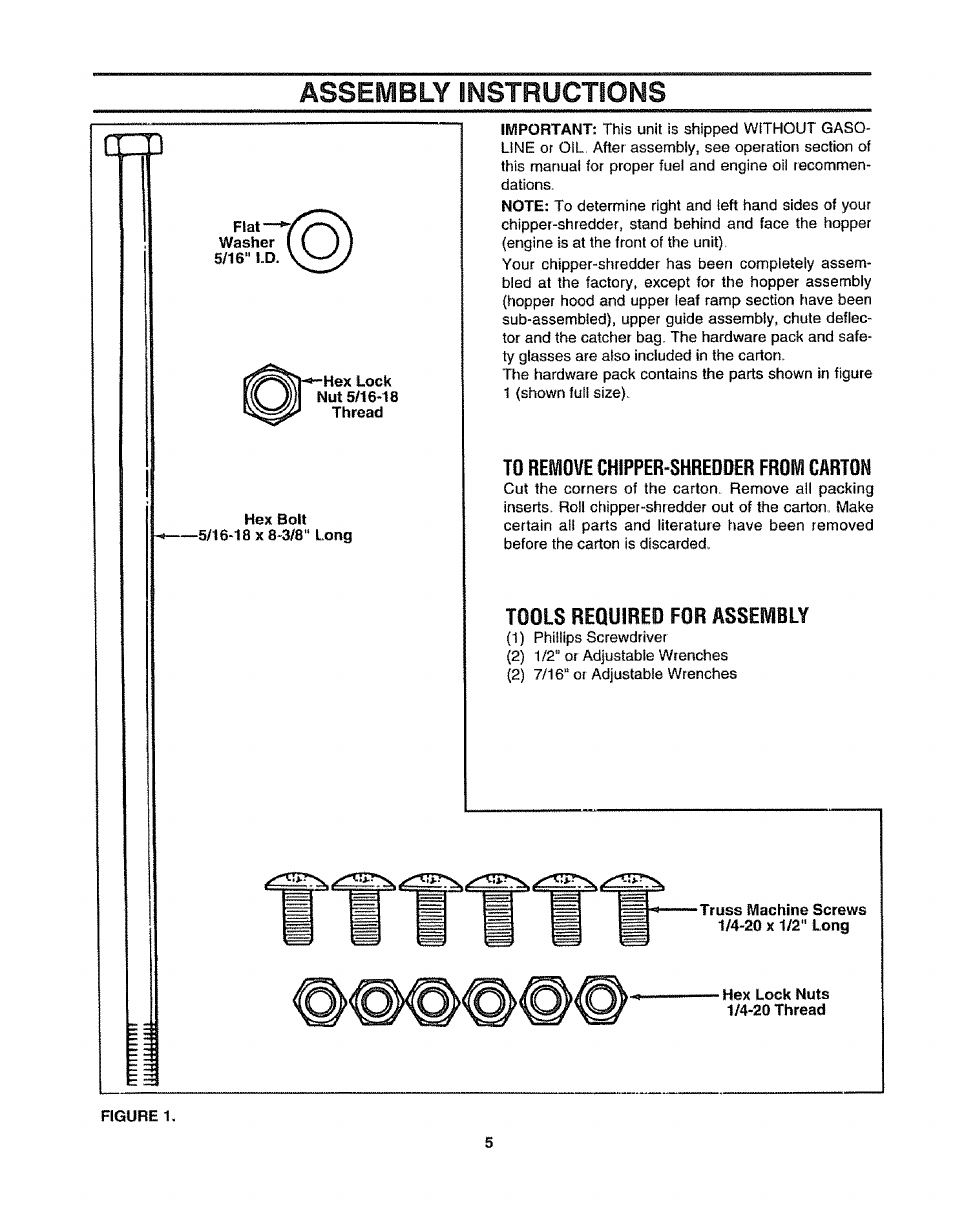 Assembly instructions, To remove chipper-shredder from carton, Tools requibed for assembly | Craftsman 247.797855 User Manual | Page 5 / 22