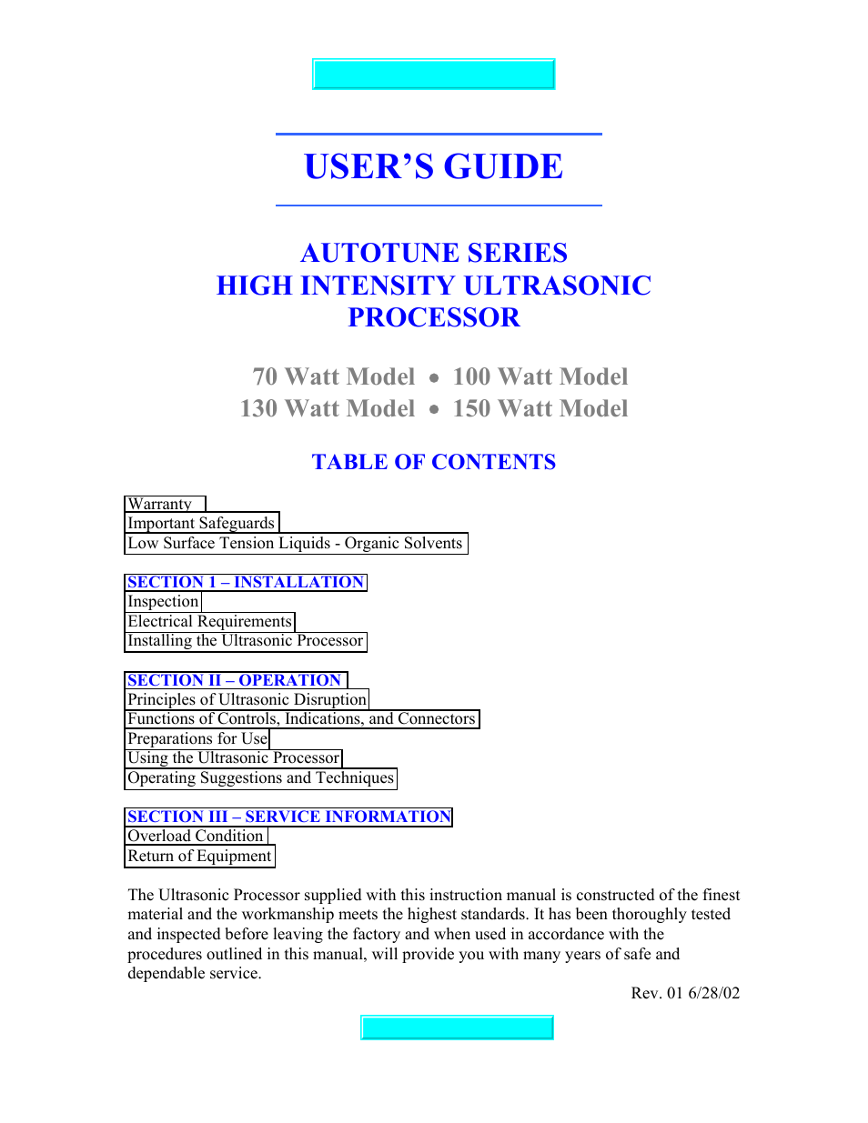 Sonics VC70T User Manual | 16 pages