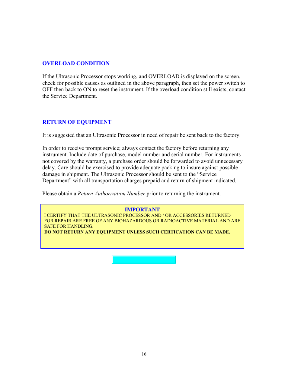 Overload condition, Return of equipment, Overload condition return of equipment | Sonics VC70T User Manual | Page 16 / 16