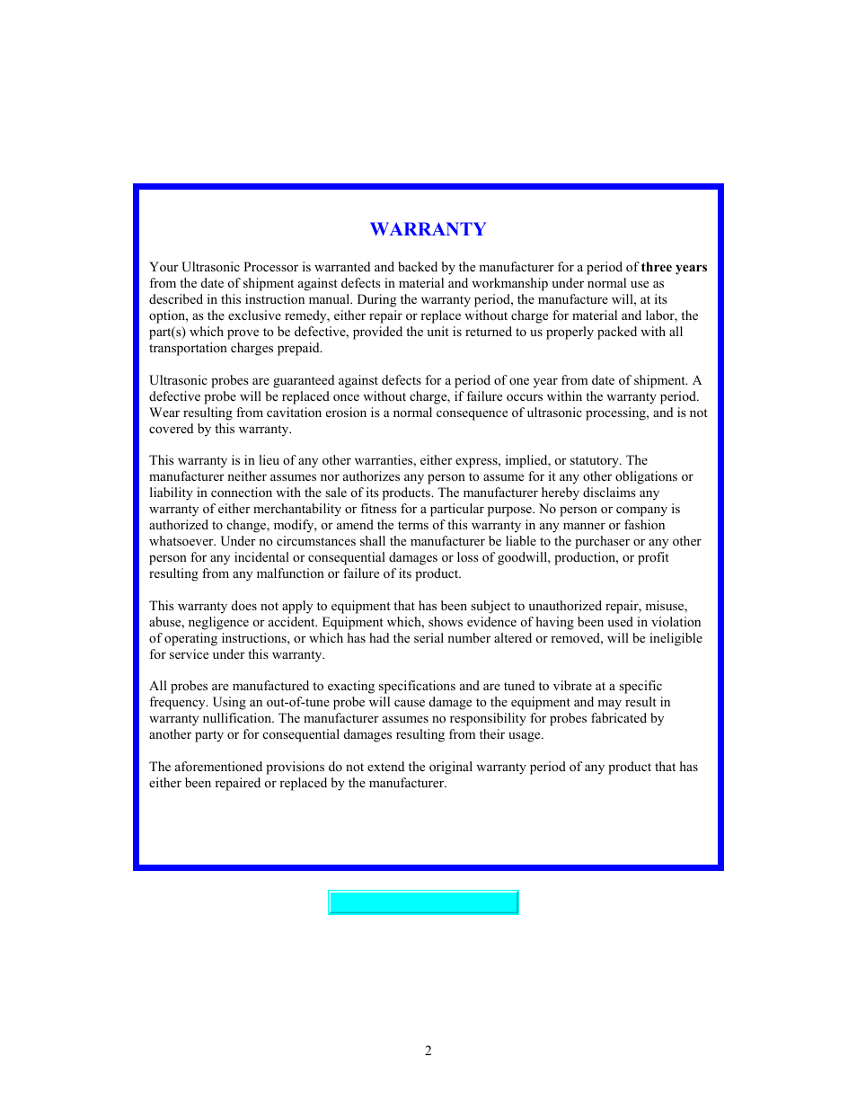 Warranty | Sonics VC70T User Manual | Page 2 / 16