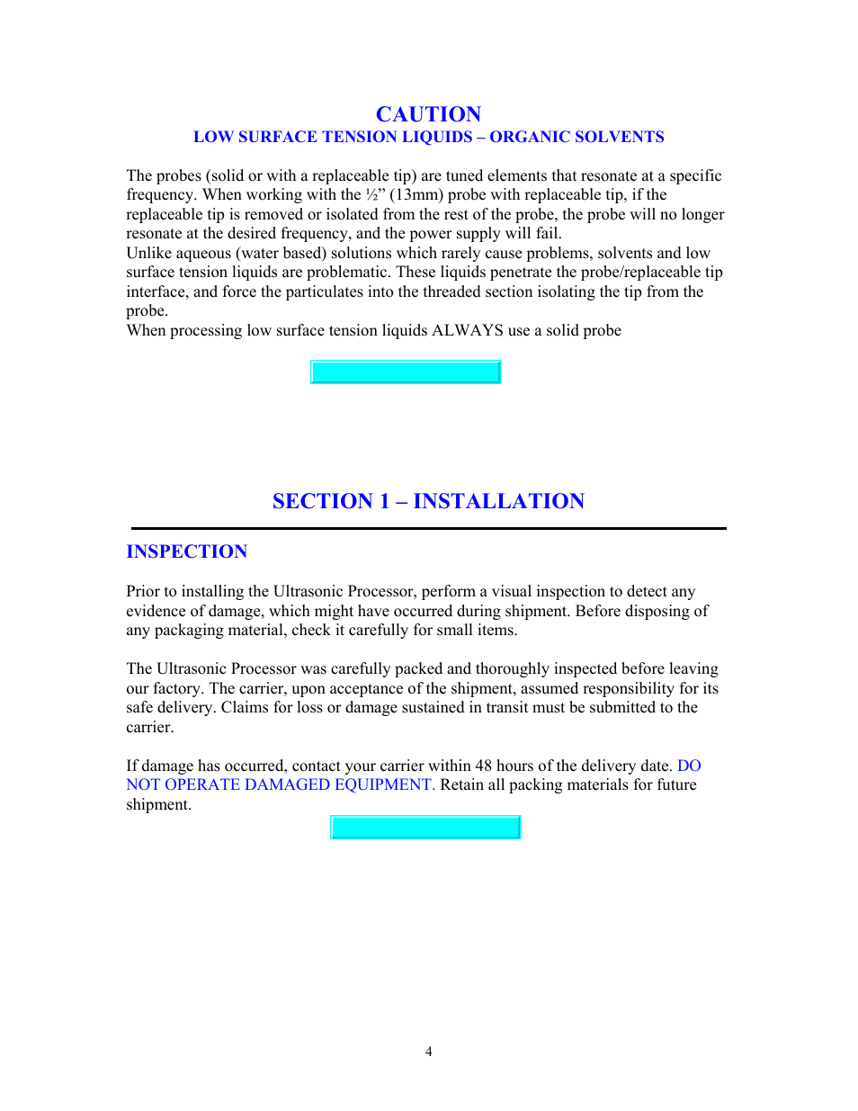 Low surface tension liquids, Installation, Inspection | Low surface tension liquids - organic solvents, Section 1 – installation, Installing the ultrasonic processor, Caution | Sonics VC70T User Manual | Page 4 / 16