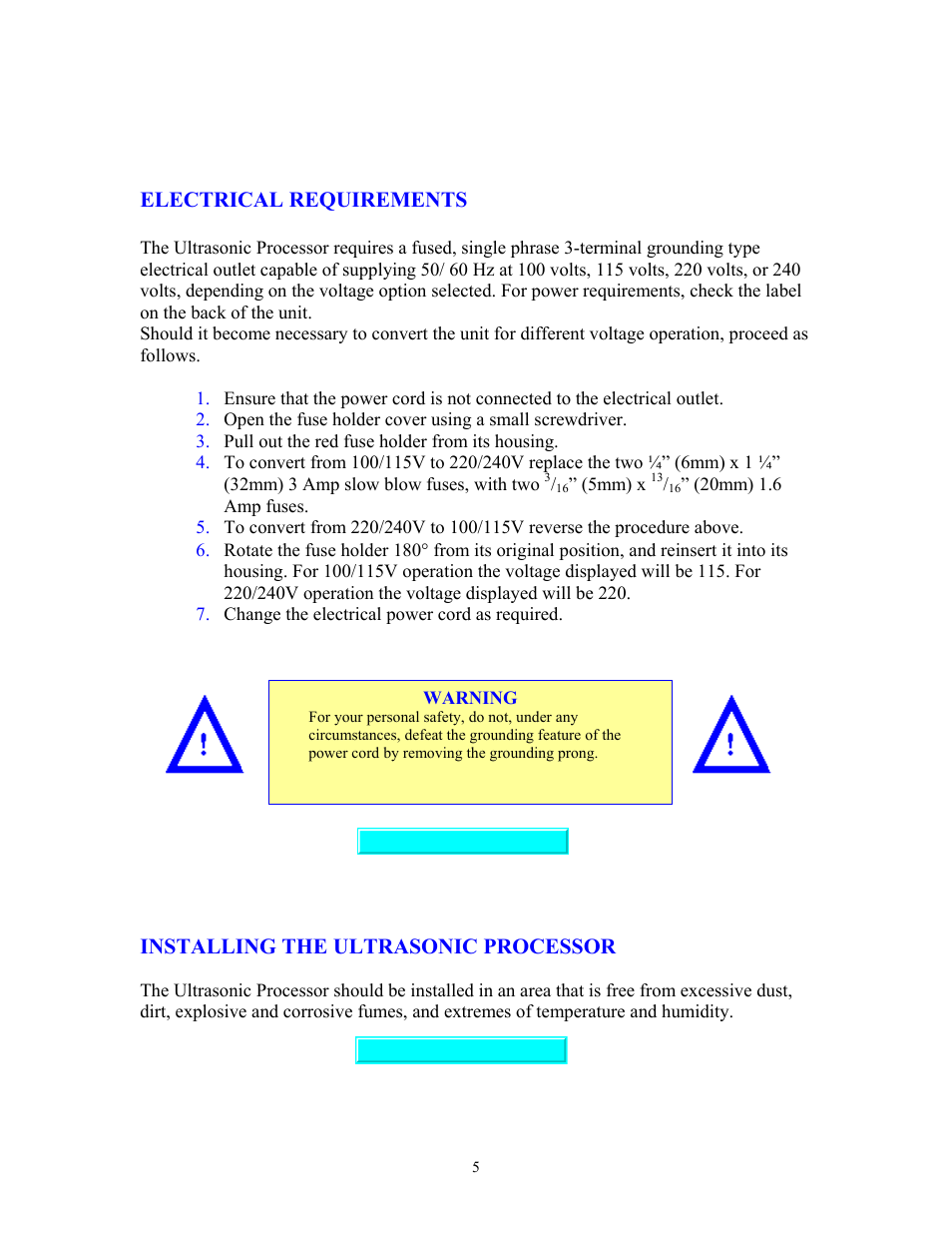 Electrical requirements, Installing the processor | Sonics VC70T User Manual | Page 5 / 16