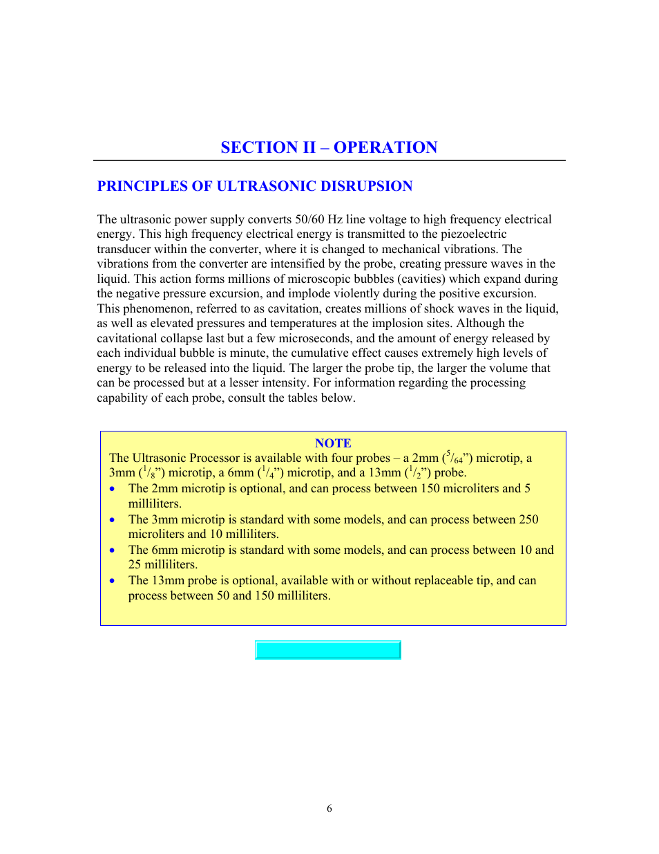 Operation, Principles of operation, Section ii – operation | Principles of ultrasonic disruption, Principles of ultrasonic disrupsion | Sonics VC70T User Manual | Page 6 / 16