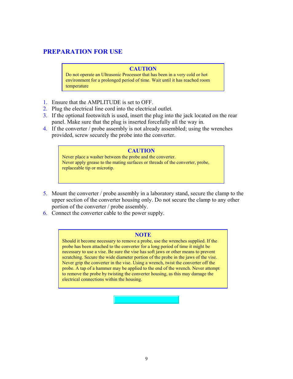 Preparation for use, Preparations for use | Sonics VC70T User Manual | Page 9 / 16